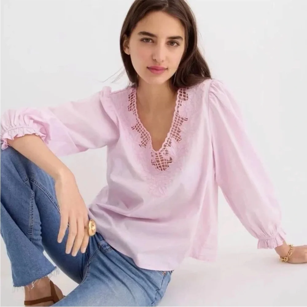 J Crew V neck top eyelet trim navy blue long sleeve cotton shirt blouse Sz L NEW